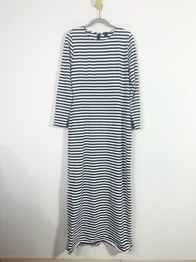 J. Crew Navy Blue White Striped Crew Neck Long Sleeve Cotton Maxi Dress